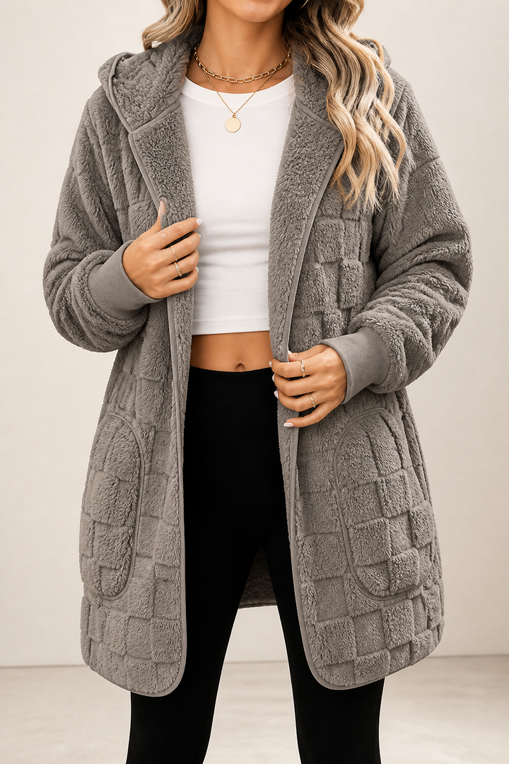 Plushden – Checkered Fuzzy Open-Front Cardigan