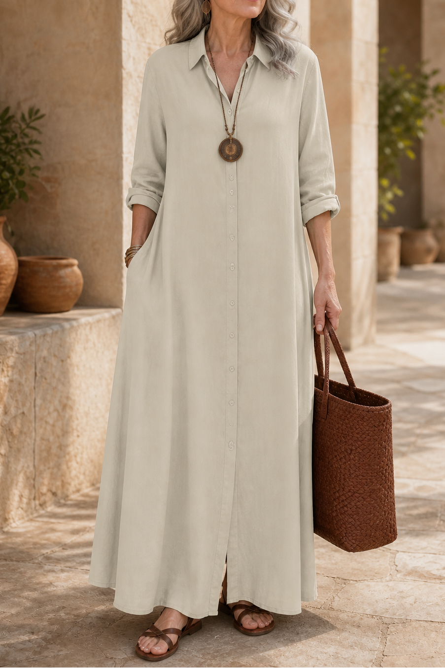 Wearbella – Oversized Cotton-Linen Maxi Shirt Dress