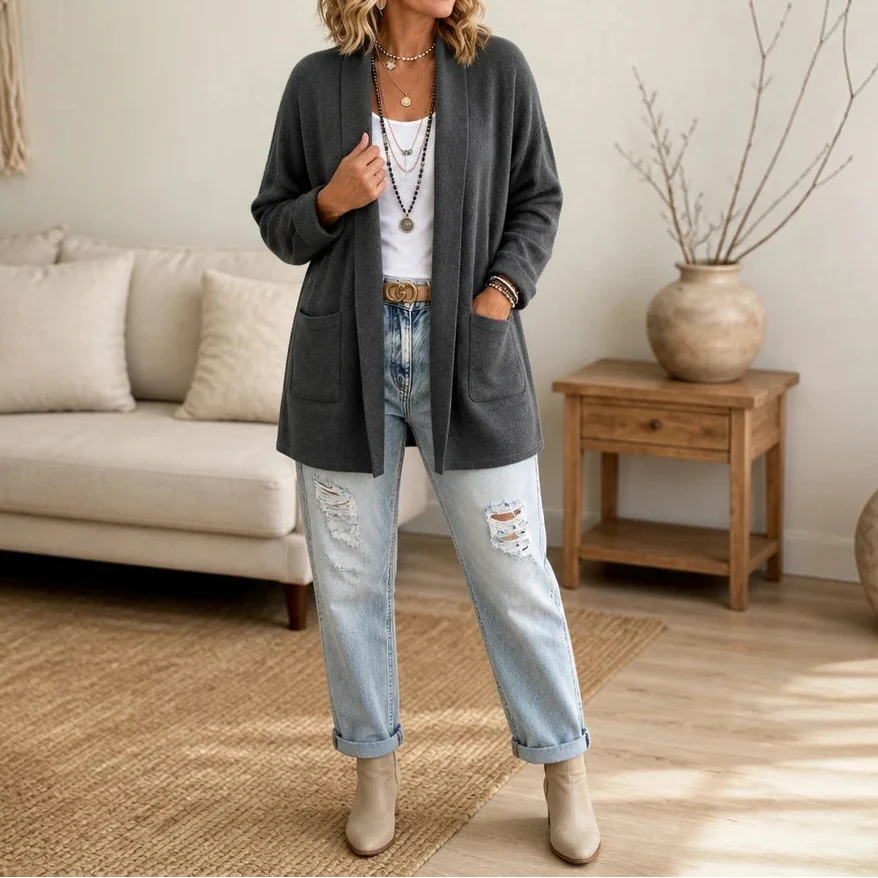 Cozyelle – Shawl-Collar Knit Open-Front Cardigan