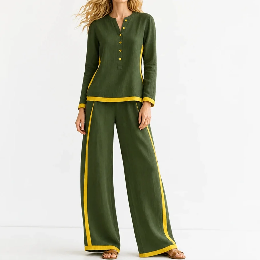 Modaform – Color-Block Long-Sleeve Top And Wide-Leg Pants Set