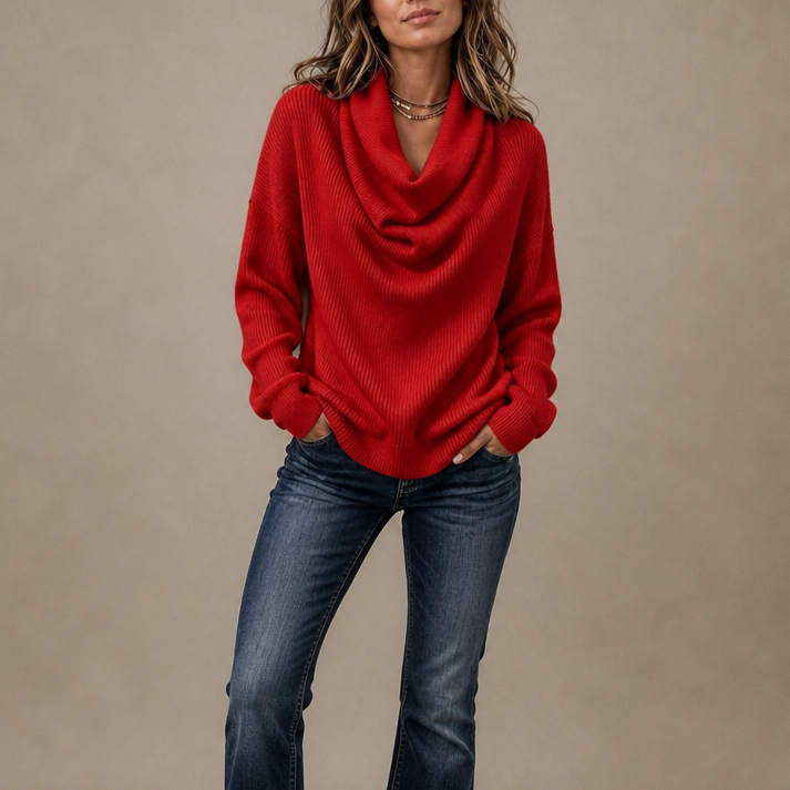 Ribella – Ribbed Draped Cowl-Neck Knit Top