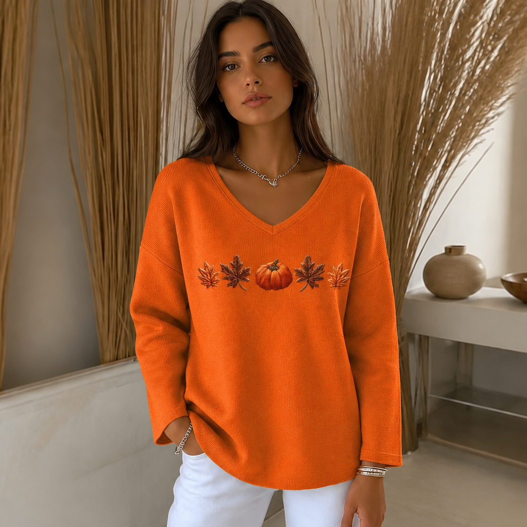 Pumpkin Lane – Pumpkin Print V-Neck Long-Sleeved Shirt