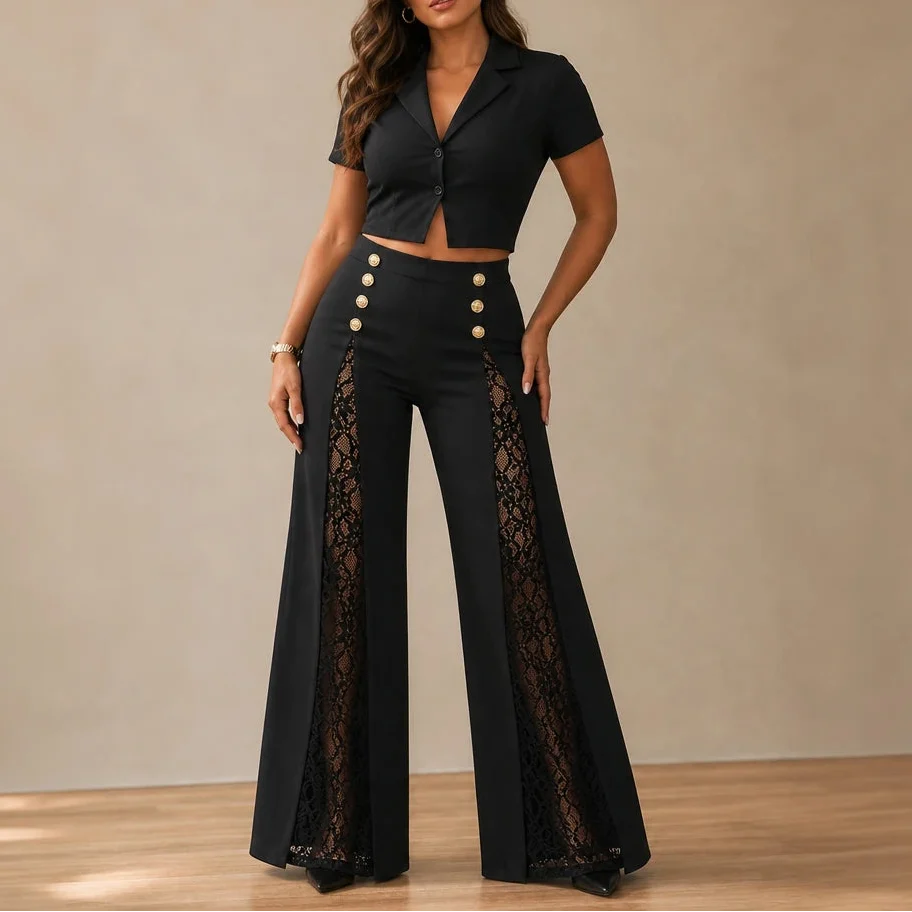 Wearbella – Floral Lace Panel High-Waisted Wide-Leg Trousers