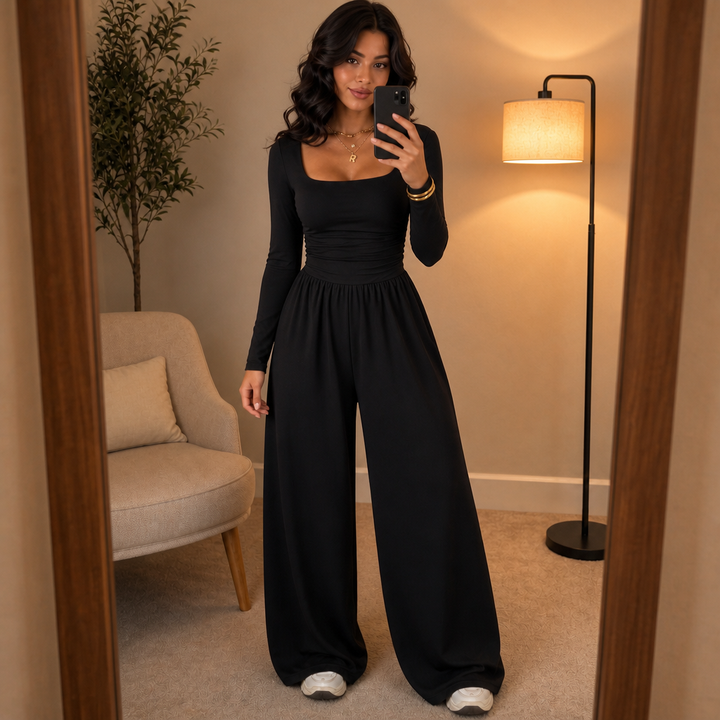 Wearbella – Ruched Waist Square Neck Wide-Leg Jumpsuit