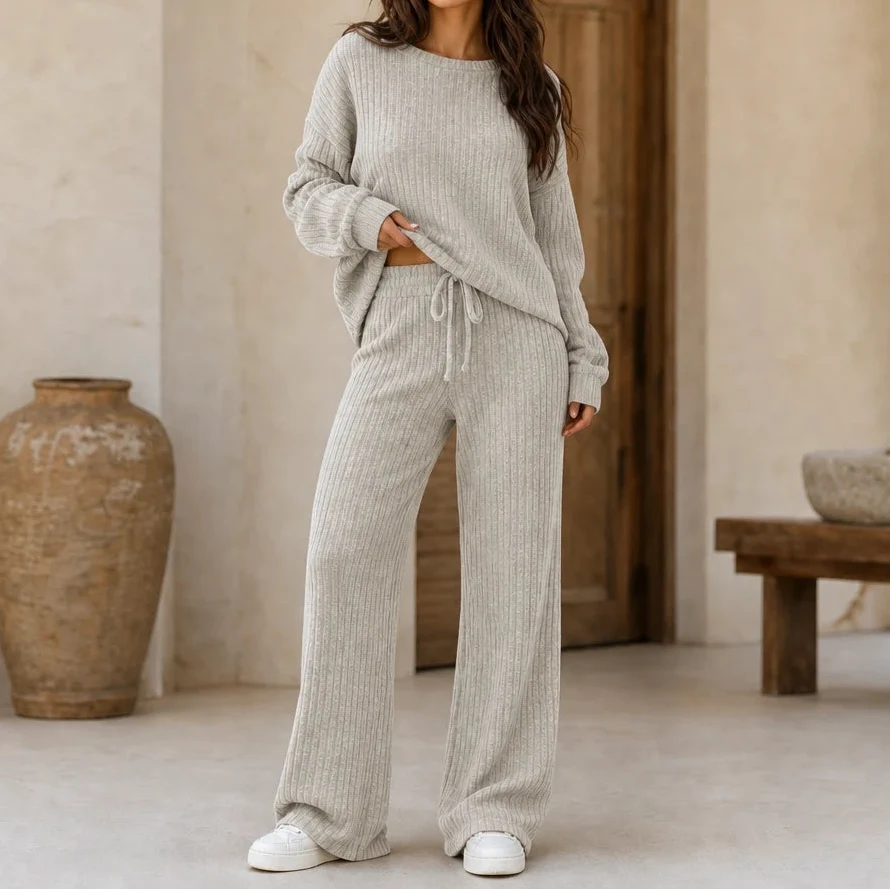 Softhaven – Ribbed Drop-Shoulder Sweater And Wide-Leg Pants Set