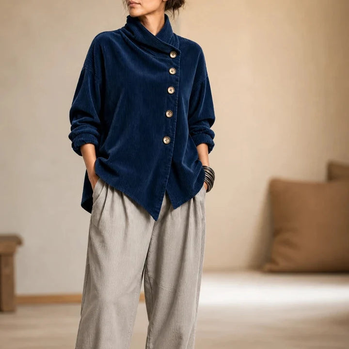 Everlayer – Draped Neck Asymmetrical Button-Front Top