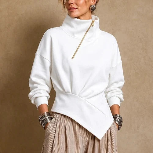 Velaire – Asymmetric Diagonal-Zip High-Neck Sweatshirt