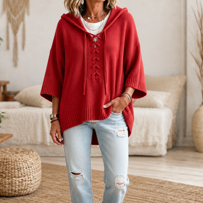 Lunarknit – Lace-Up Deep V Hooded Knit Pullover