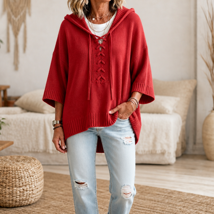 Lunarknit – Lace-Up Deep V Hooded Knit Pullover
