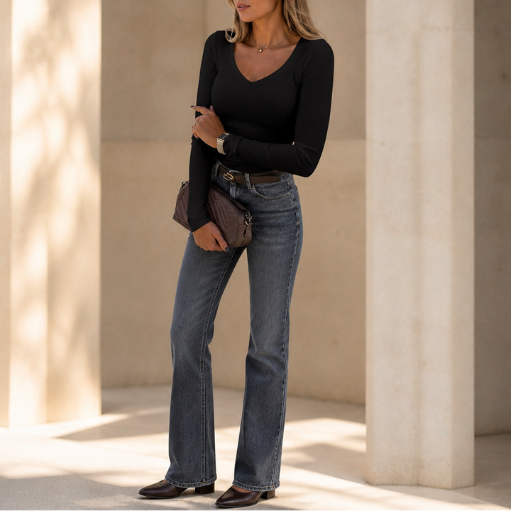 Vellora – Stretch V-Neck Long-Sleeve Top