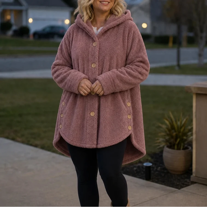 Cozy Button – Asymmetrical Hem Hooded Fleece Coat
