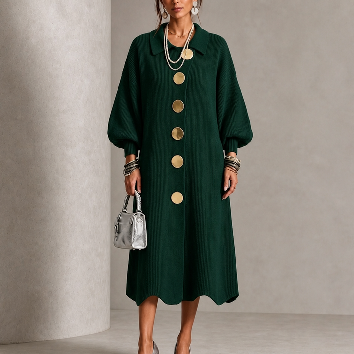 Vivelyn – Gold Button Ribbed Lantern Sleeve Maxi Dress