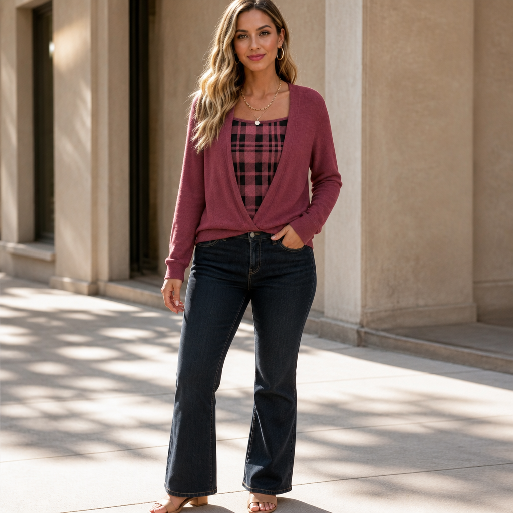 Layerlyn – Layer Plaid Panel Knit Top