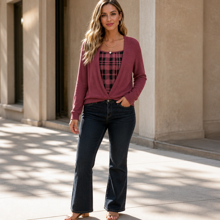 Layerlyn – Layer Plaid Panel Knit Top