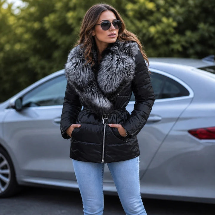 Veluna – Metallic Faux-Fur Collar Belted Puffer Jacket