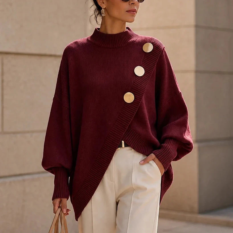 Hemline – Asymmetric Mock-Neck Button Knit Sweater