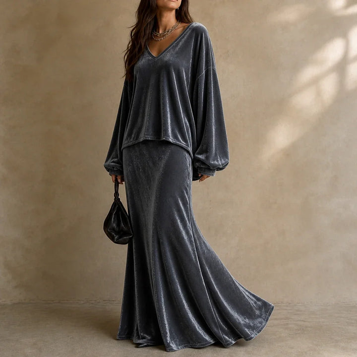 Veloura – Relaxed Velvet Top And Flared Maxi Skirt Set