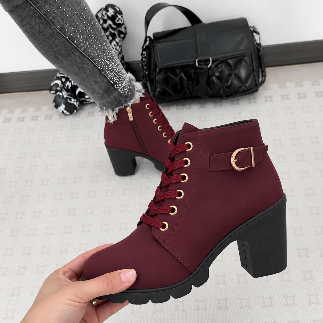 Buckle & Bold – Buckle Lace-Up Chunky Heel Ankle Boots