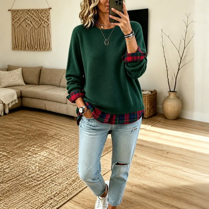 Plaidelle – Waffle Knit Plaid-Trim Crewneck Sweatshirt