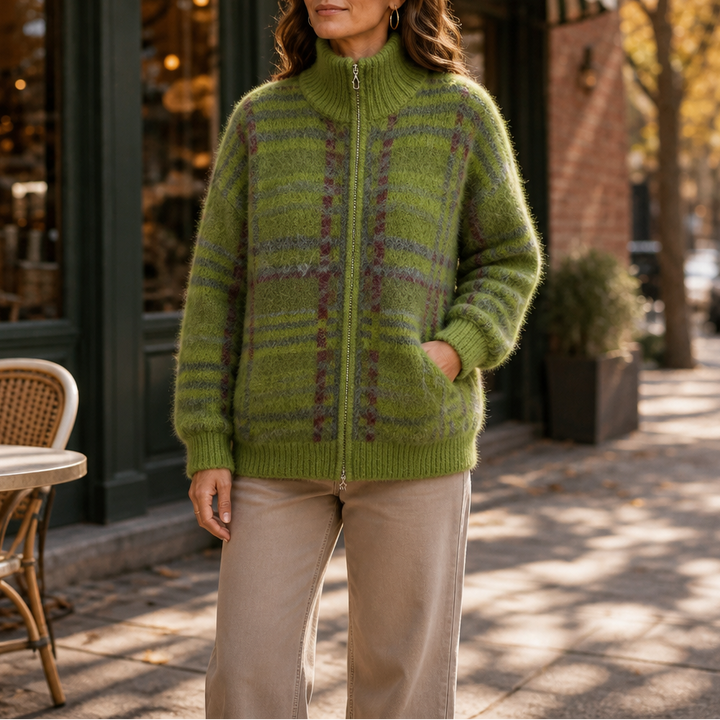 Checkermere – Plush Plaid Zip-Up High-Collar Cardigan