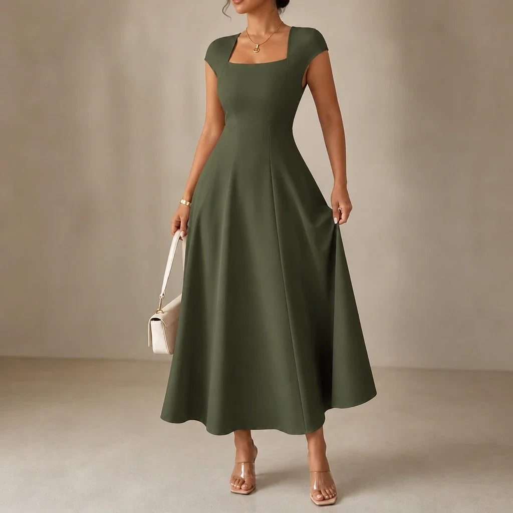 Alina – Square Neck Fitted Bodice A-Line Midi Dress