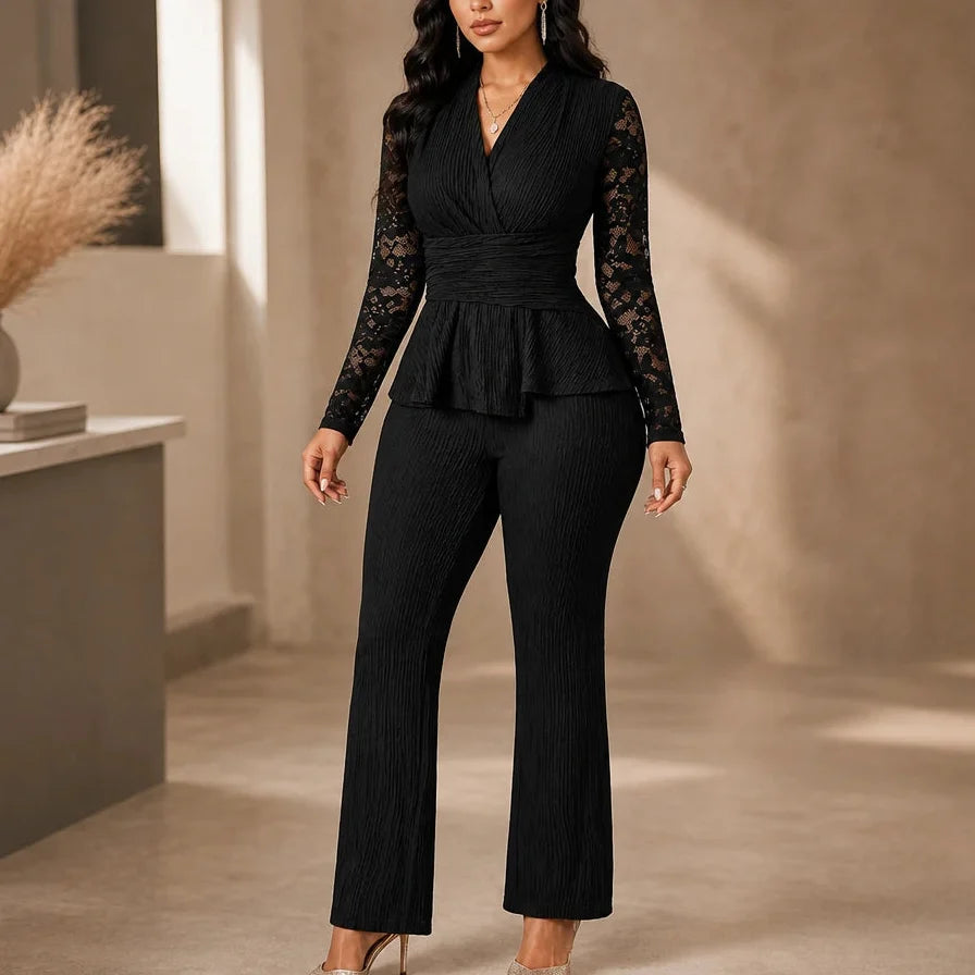 Vellora – Pleated Peplum Floral-Lace Two-Piece Pantsuit