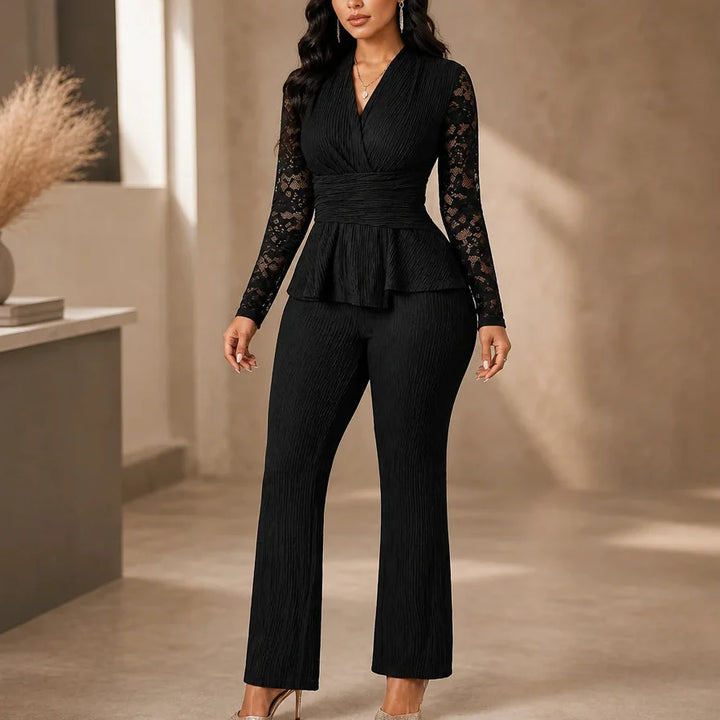 Vellora – Pleated Peplum Floral-Lace Two-Piece Pantsuit