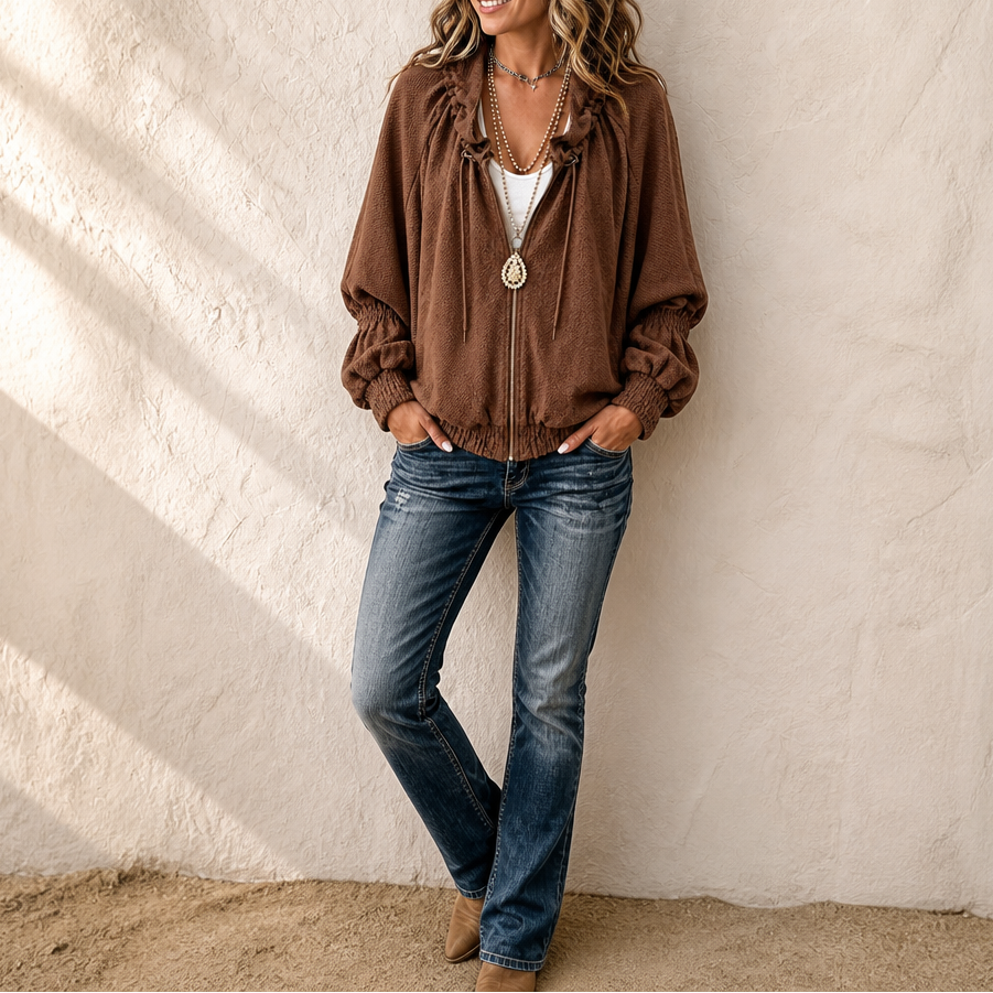 Wearbella – Textured Batwing Drawstring Collar Zip Jacket