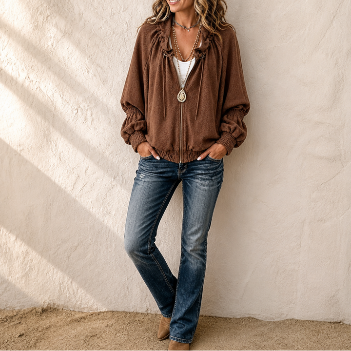 Wearbella – Textured Batwing Drawstring Collar Zip Jacket