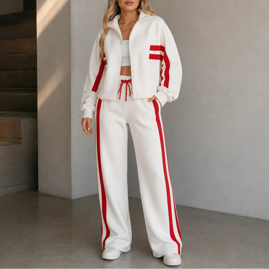 Stride & Set – Cream-Striped Sporty Two-Piece Set