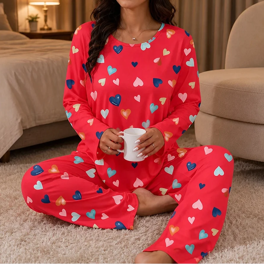 Heartrest – Long-Sleeved Heart-Print Pajama Set