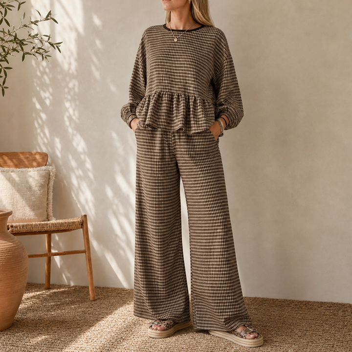 Elara – Gingham Peplum Top And Wide-Leg Pants Set
