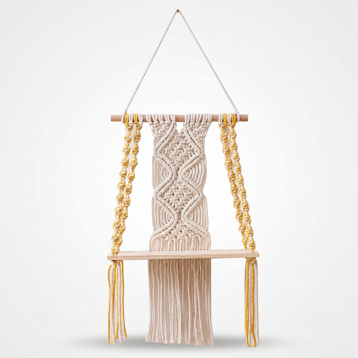 Woven Haven – Macramé Diamond Pattern Wooden Wall Shelf