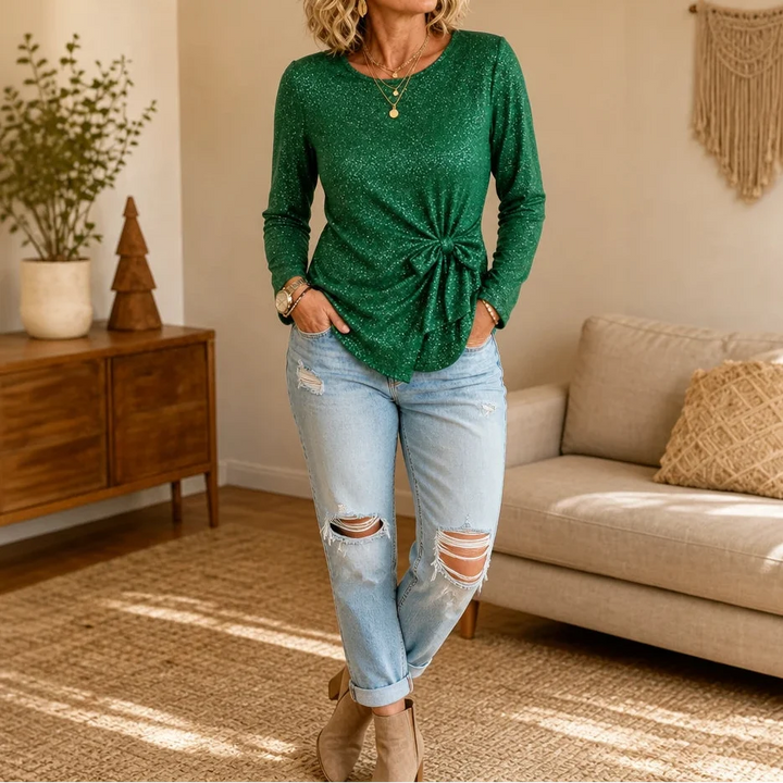 Lumiere – Metallic Shimmer Side-Knot Long-Sleeve Top