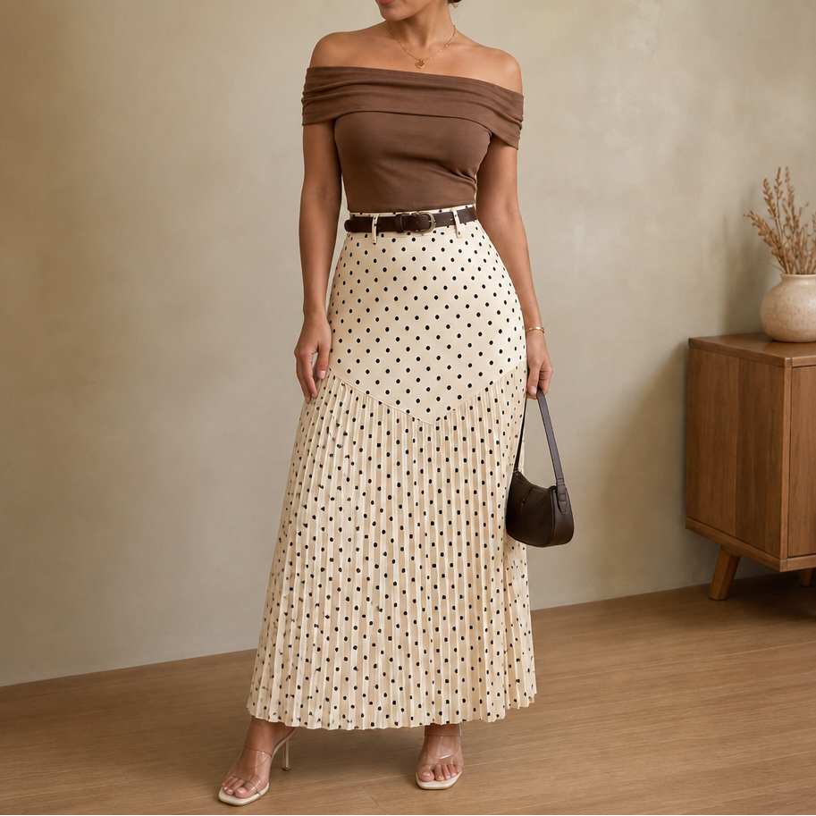 Wearbella – Polka Dot Pleated A-Line Midi Skirt