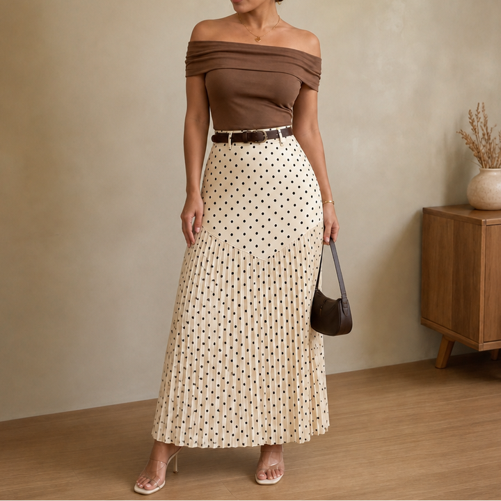 Wearbella – Polka Dot Pleated A-Line Midi Skirt