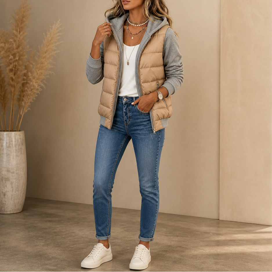 Coeza – Mixed-Media Quilted Puffer Knit-Sleeve Jacket