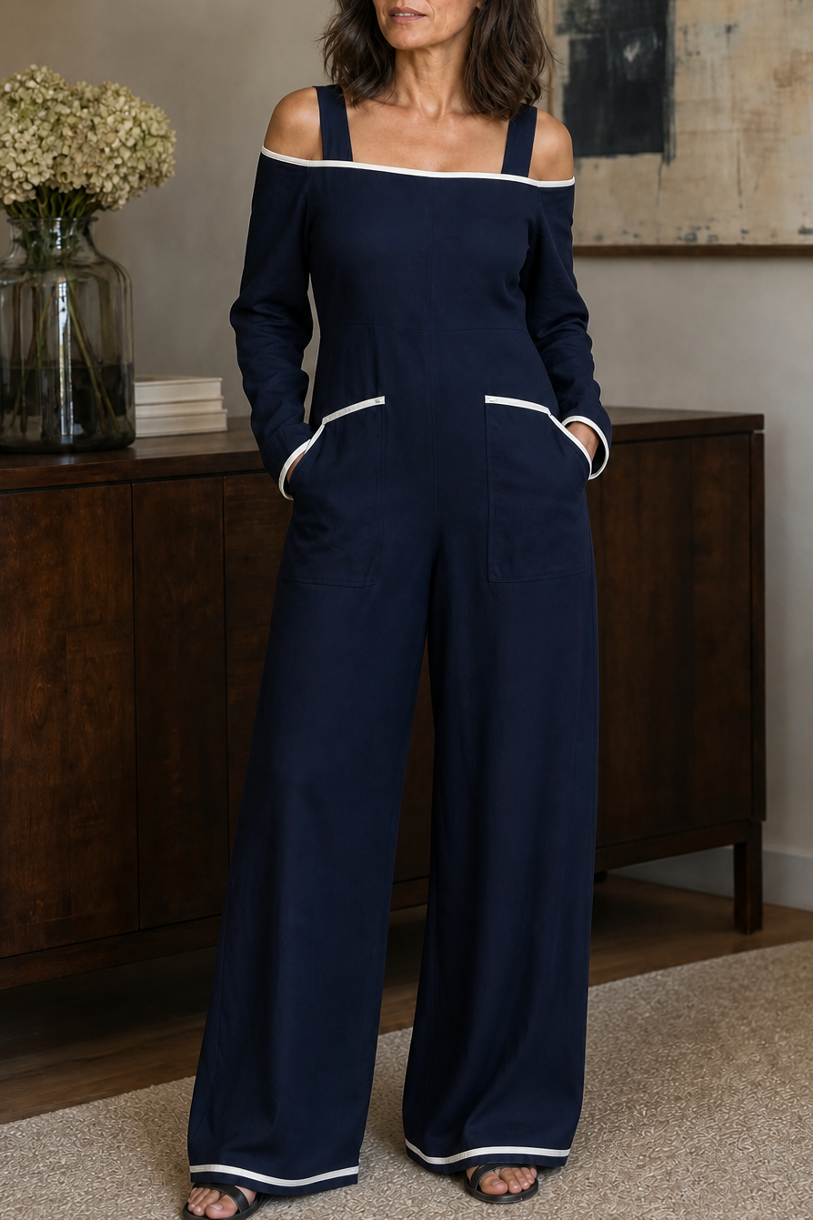 Shouldera – Off-Shoulder Contrast Trim Wide-Leg Jumpsuit