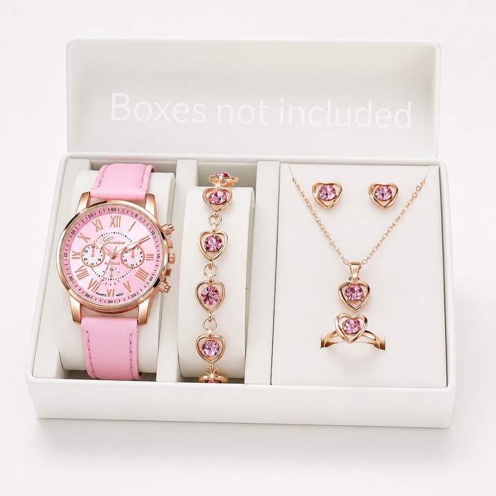 Fivella – Heart Dial 5-Piece Watch & Jewelry Set