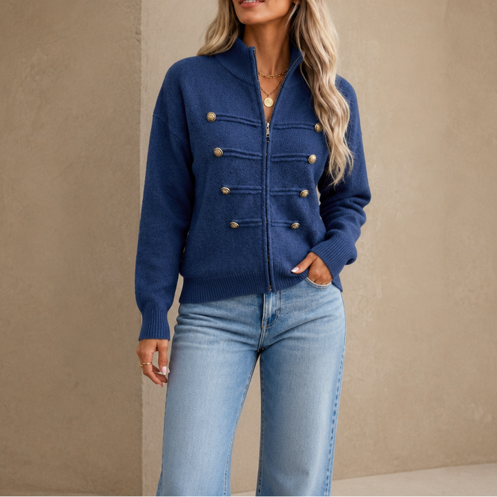 Mayfield – Gold Button Military-Style Knit Cardigan