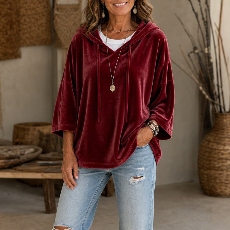 Veloura – V-Neck Hooded Velour Hoodie