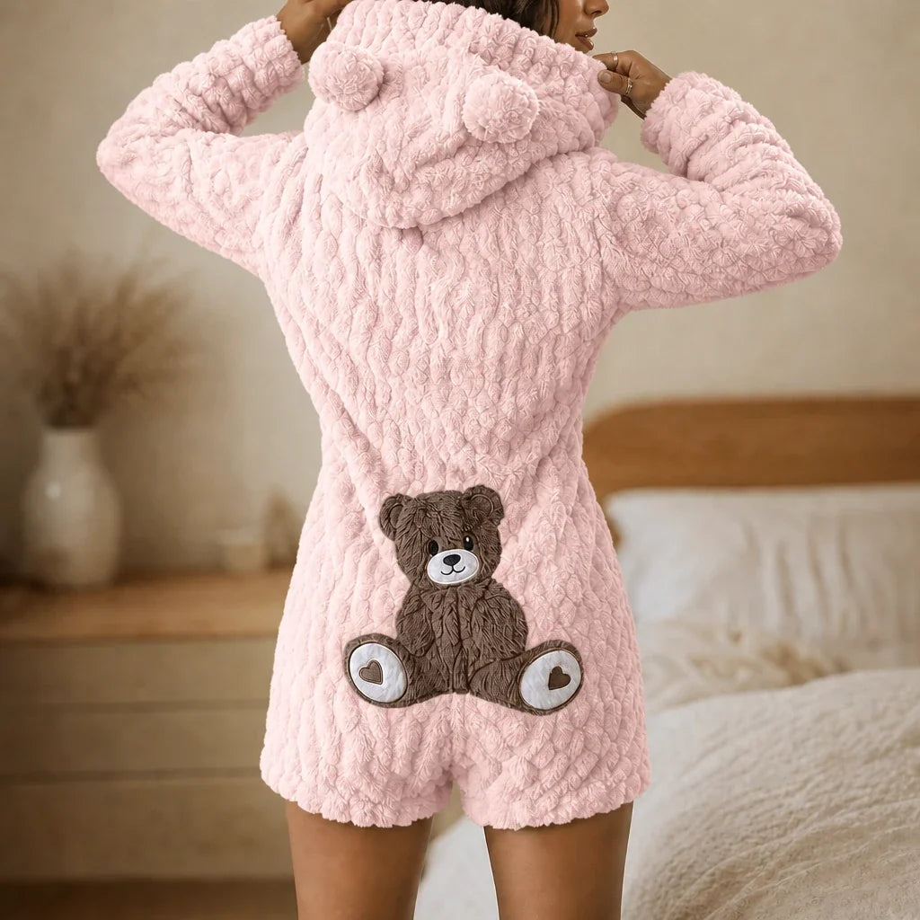 Cuddlebear – Bear-Ear Plush Hooded Zip-Up Romper