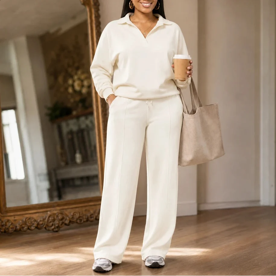 Velaire – Collared V-Neck Top And Straight-Leg Pants Set