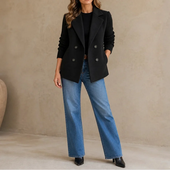 Celeste – Suede-Look Double-Breasted Knit-Sleeve Jacket