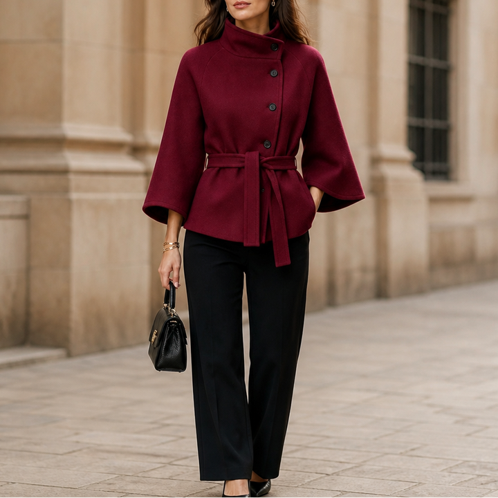 Velora – Asymmetrical Belted High-Neck Jacket