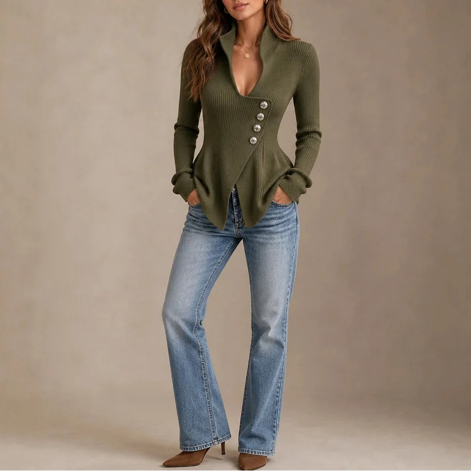 Velora – Asymmetrical Button Ribbed Peplum Top