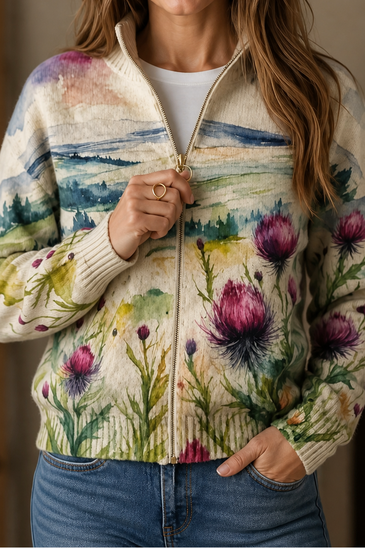 Threezip – Botanical Print Zip-Up Bomber Cardigan
