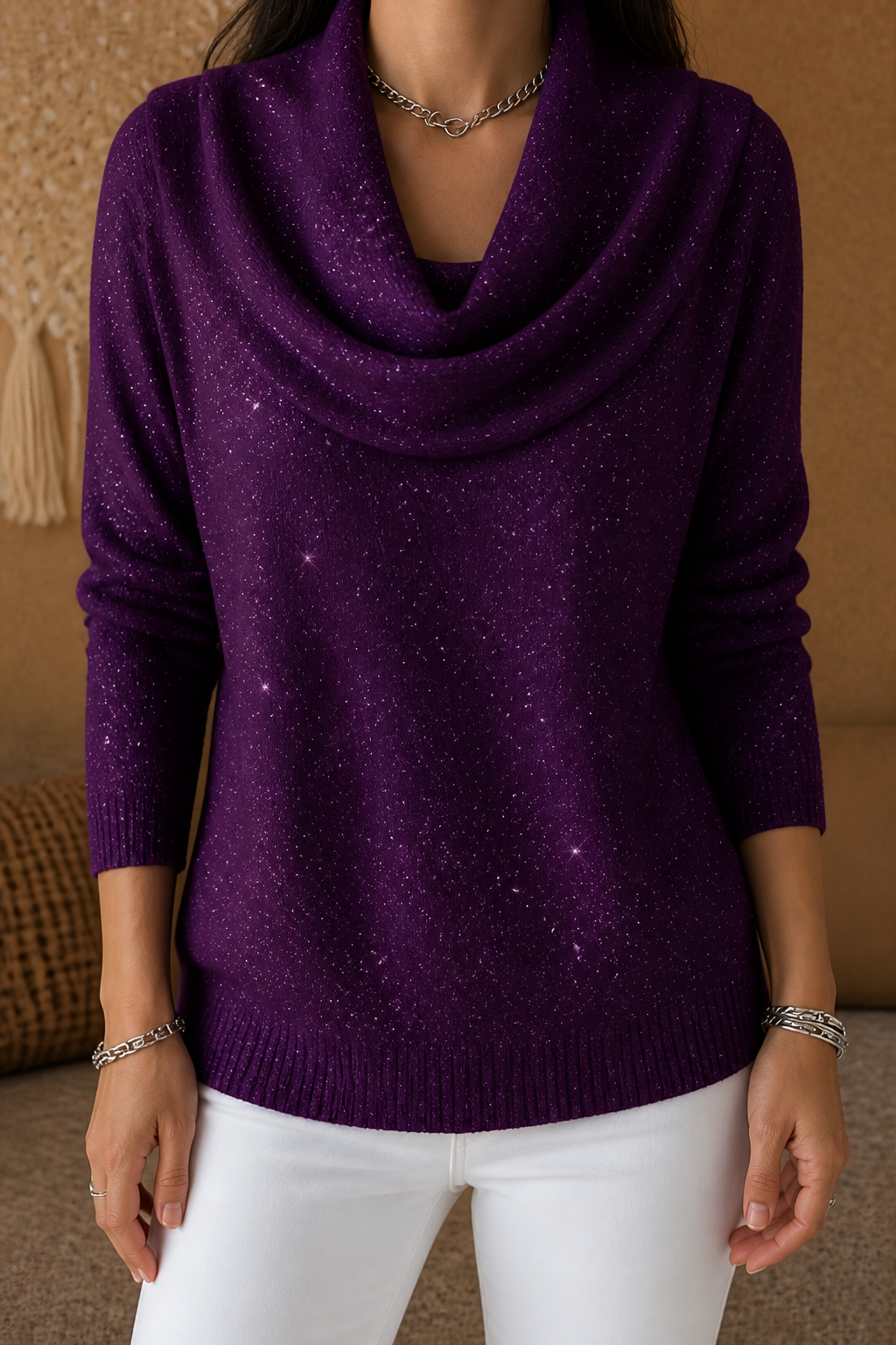 Sparkle – Shimmer Cowl-Neck Long Sleeve Top