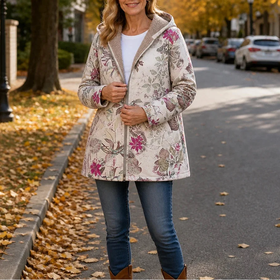 Leafora – Vintage Leaf-Print Hoodie Jacket