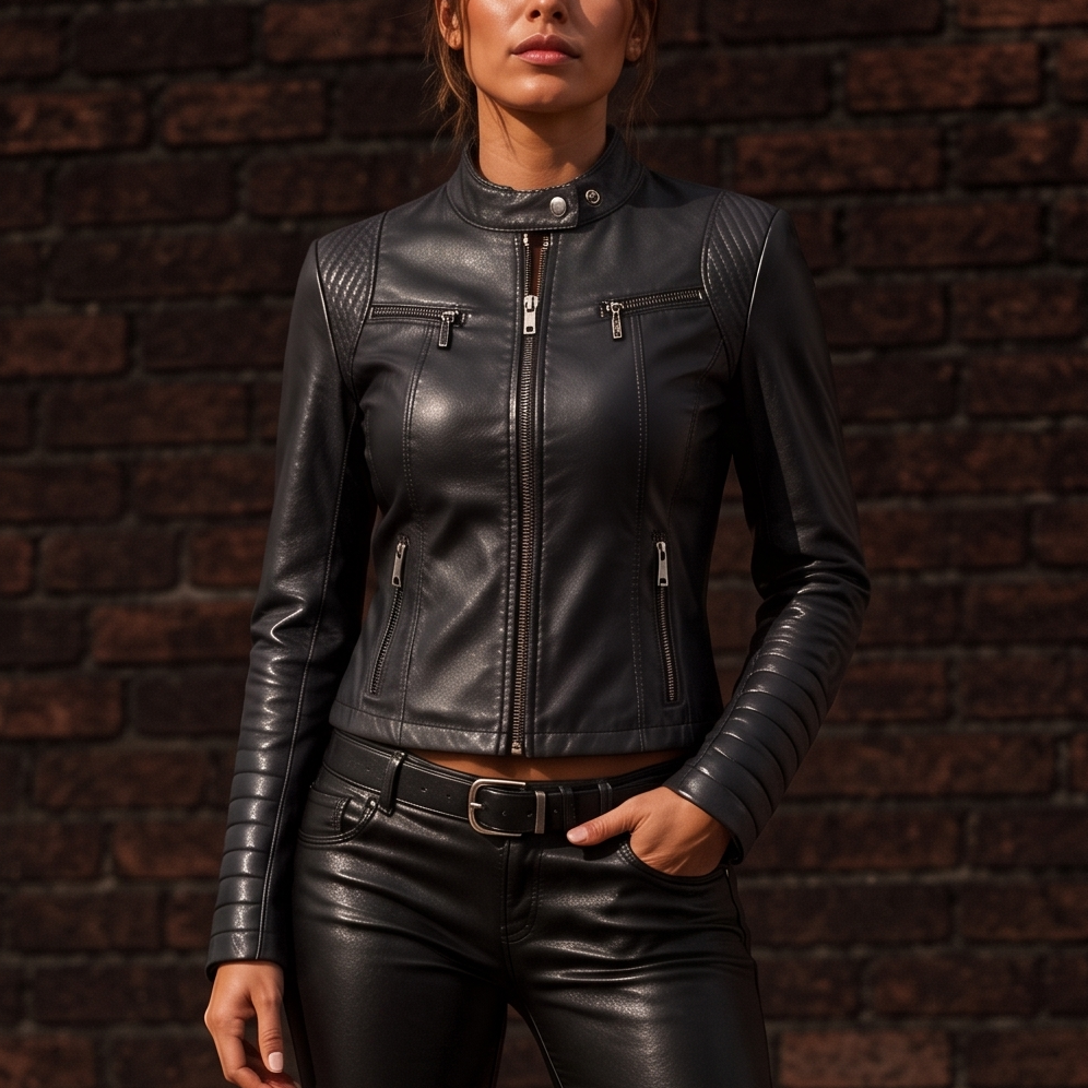Sillette – Padded-Shoulder Cropped Faux-Leather Moto Jacket